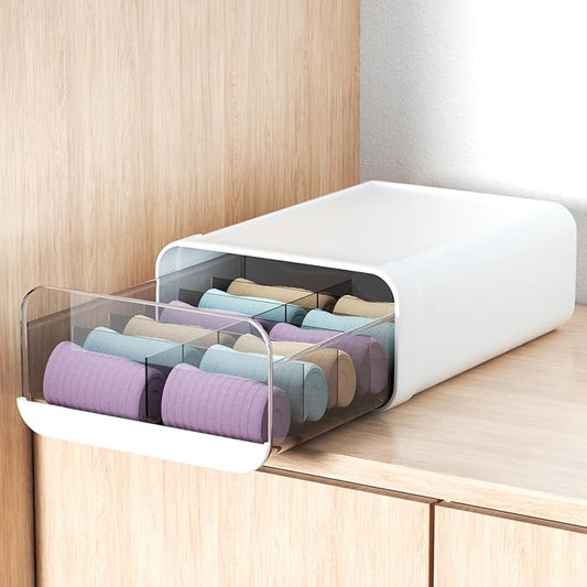 Underwear Organizer Drawer, 12 Cells Plastic Sock Underwear Storage Drawer, Stackable Closet Organizers and Storage Box for Bras, Socks, Scarves, Ties, Belt (King Size-White, 1 Pcs)