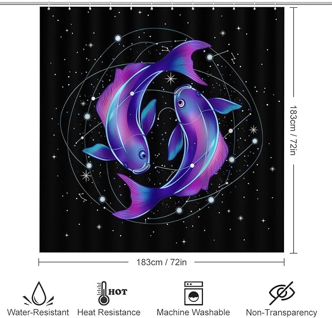 4 Pack Neon Fish Zodiac Pisces Art Shower Curtain + Bath Room Rug Mat Set, Water Repellent Window Curtain Absorbent Bath Room Rug Carpet