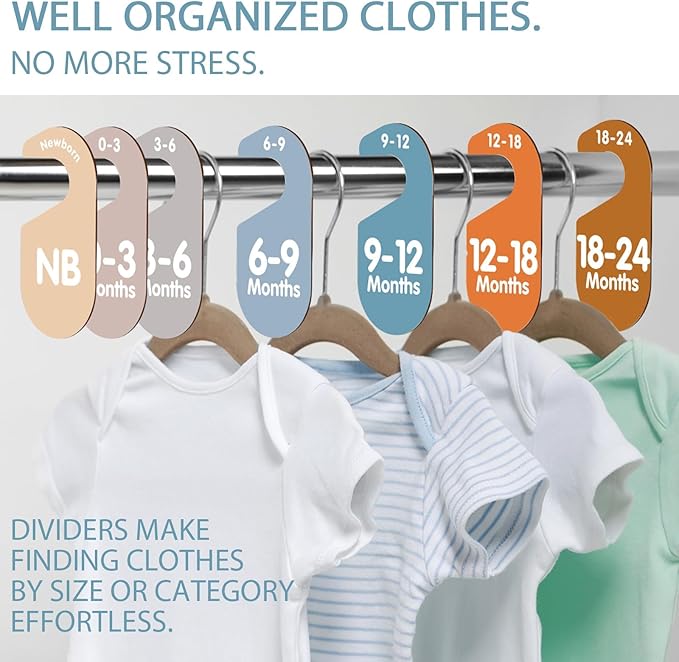 Boho Wooden Baby Clothes Dividers for Closet, Set of 8 Double-Sided Baby Clothes Organizer for Newborn to 24 Months, Colorful Babies Closet Wardrobe Dividers Separators for Boho Nursery Home Decor