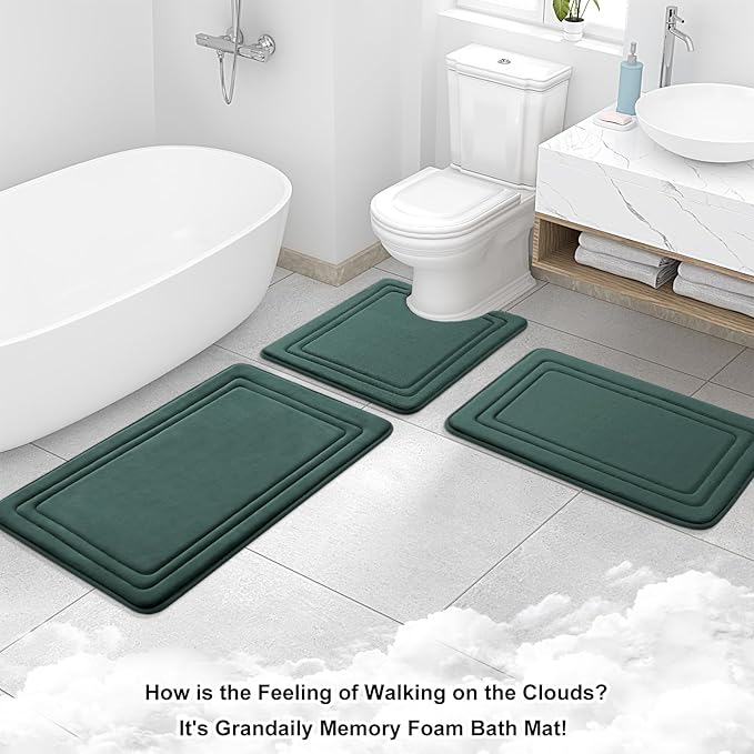 Grandaily Memory Foam Bath Mat Rug 30x20, Ultra Soft, Non-Slip and Absorbent Bathroom Rugs, Machine Wash Dry, Comfortable Bath Carpet for Bathroom Floor, Tub and Shower, Dark Green