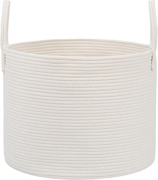 115L Extra Large Blanket Basket for Living Room - Woven Cotton Rope Laundry Hamper with Reinforced Handles - Storage Bin for Pillows, Comforters & Toys - Machine Washable,White