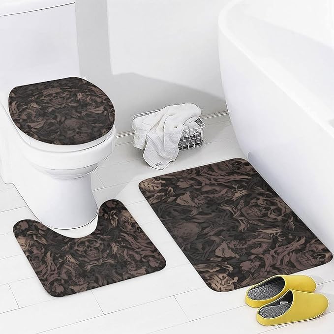 4-piece Bathroom Set with Waterproof Shower Curtain, Non-slip Absorbent Rug,Gothic Wallpaper for Walls Skull Damaskprinting And Toilet Seat Cover - Bathroom Accessories And Decor for Modern Homes, Wit