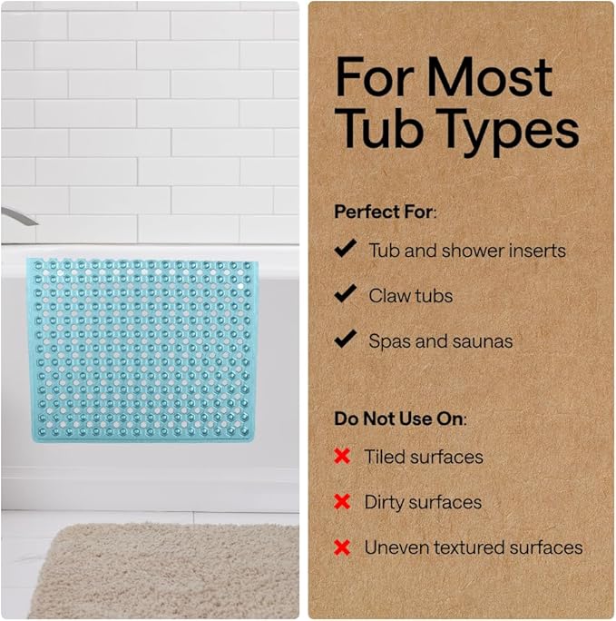 GORILLA GRIP Patented Bath Tub Shower Mat, Machine Washable Bathtub Floor Liner Mats, Suction Cups and Drain Holes to Keep Tubs Clean, Soft on Feet, Bathroom Essentials, 35x16 Inch, Clear Turquoise