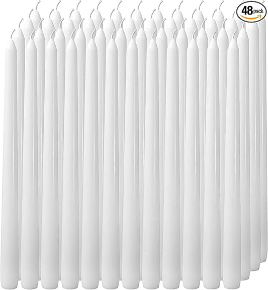 48 Pack White Taper Candles丨Taper Candles 10 Inch Dripless丨Unscented & Smokeless Candlesticks Bulk丨7-8 Hours Long Burning Tall Candles丨Ideal for Christmas Weddings Parties Dinner