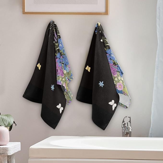 2 Pcs Purple Blue Wildflower Hand Towels for Bathroom,Soft Absorbent Vintage Garden Floral Butterfly Black Dish Towels for Kitchen,Quick Dry Decorative Bathroom Towels for Face,Shower 14"x28"