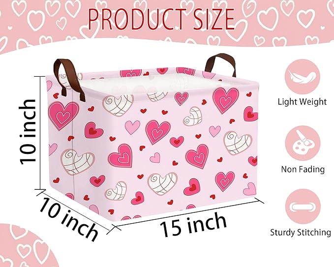 Large Valentine's Day Basket Heart Shaped Storage Bin for Gifts Collapsible Organizer Room Decor (Pink Bottom Lines White Love)