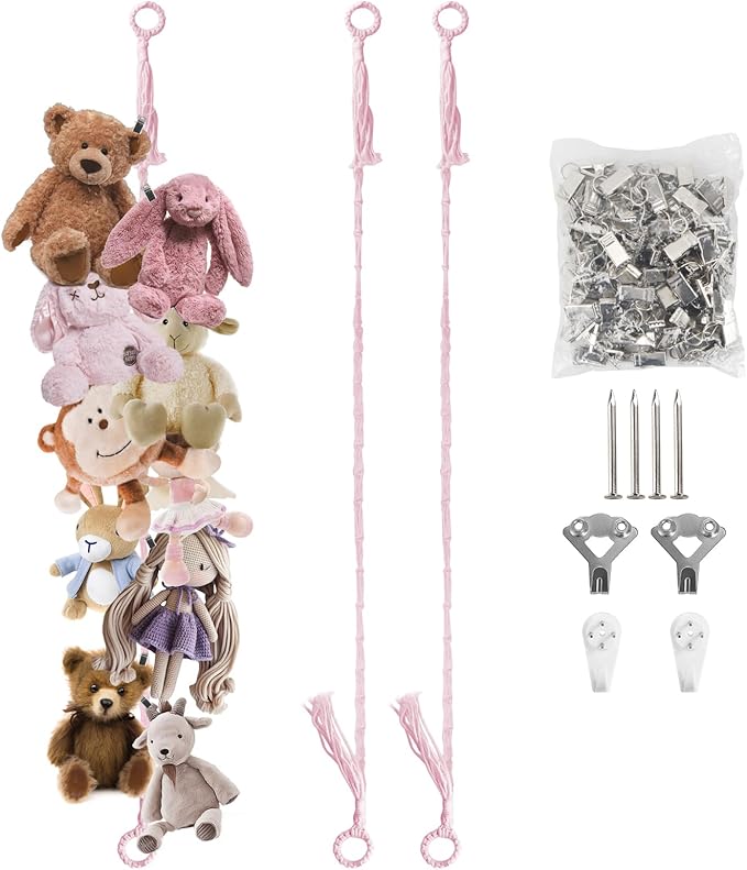 Munzong 2 Pack Pink Hanging Stuffed Animal Storage Chain, 80 Inch Cotton Stuffed Animal Display Holder with 40 Metal Clips for Corner Wall Decor Play Room