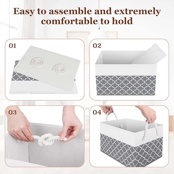 Storage Bin,Collapsible Storage Basket For Organizing,Large Storage Boxes With Rope Handles,Storage Containers,Clover Grey,2 Pack