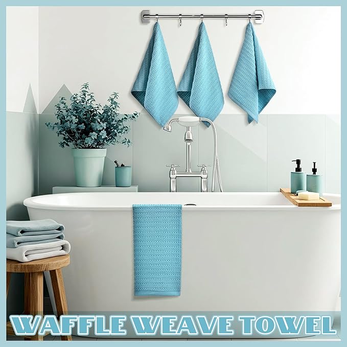 4 Pack Turquoise Kitchen Towels Waffle Striped Pattern 100% Cotton Soft Hand Towels for Bathroom 13 x 29 Inch Absorbent Waffle Washcloths for Bathroom Kitchen