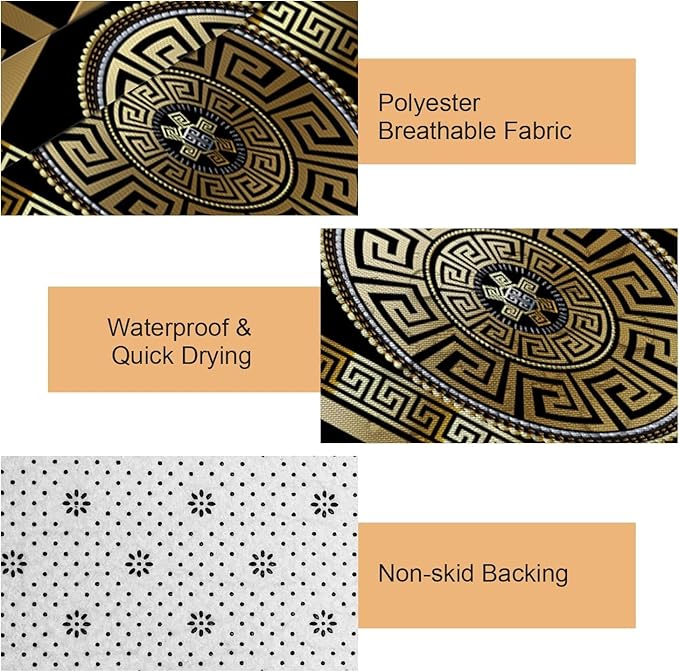 4 Pieces Bath Sets Geometric Black Gold Greek Key Meander,  Anti-Slip Bath Rug Floor Mat Home Decor Waterproof Shower Curtain Bathroom-4-Piece_Set