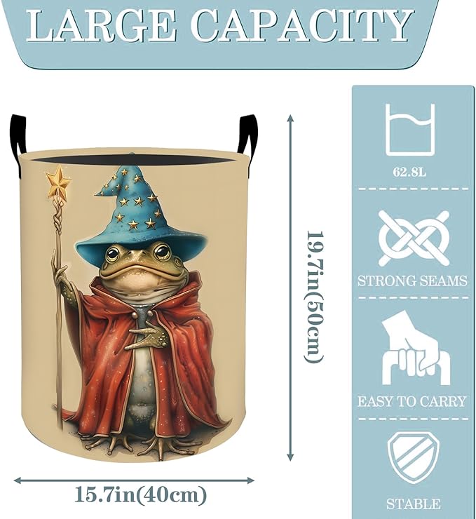 Wizard Frog Magic Laundry Basket, Dirty Collapsible Clothes Toy Organizer Hamper for Kids Adults, Oxford Cloth Waterproof Storage Bin for Bedroom Bathroom Fantasy Decor Gifts, 19.7"X15.7"