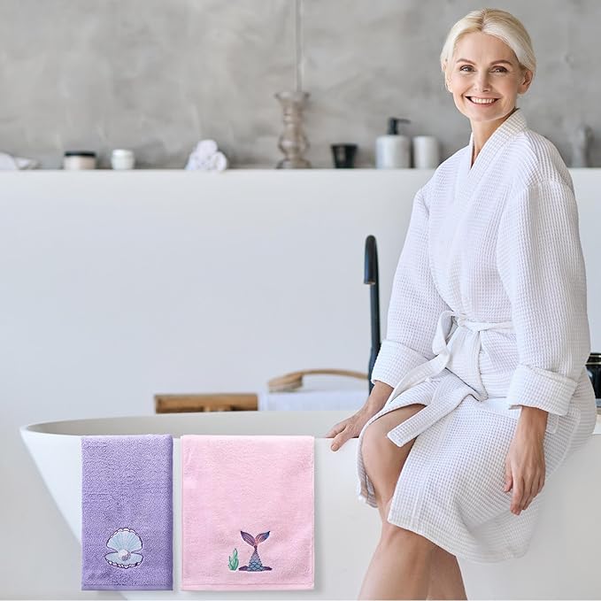 3 Pcs Watercolor Mermaid Hand Towels 14 x 29 Inch Cotton Embroidered Mermaid Shell Beach Bathroom Towels Sea Ocean Bathroom Decorative for Home Drying Cleaning Cooking Gift