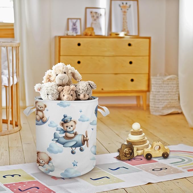 Bear Nursery Laundry Basket Hamper, Toybox for Boys Girls, Hot Air Balloon Airplane Bear Waterproof Collapsible Storage Bin Organizer for Bedroom Bathroom Kids Room Clothes Toys Books