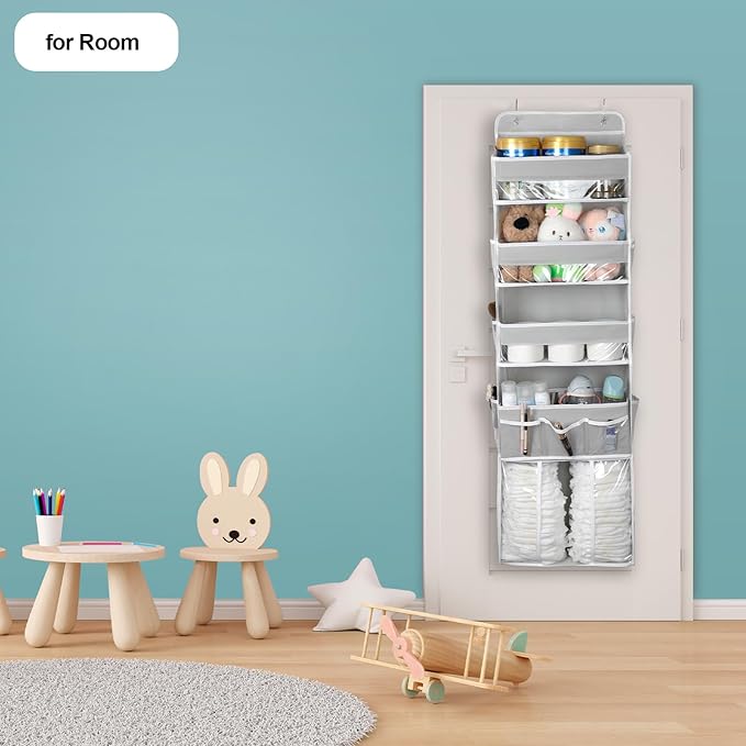 Over The Door Organizer, 5 Tiers Hanging Nursery Storage Closet Organizer with Movable Shelf, Large Capacity Caddy, 10 Side Pockets, Back of Door for Bedroom Bathroom Dorm Decor, Grey