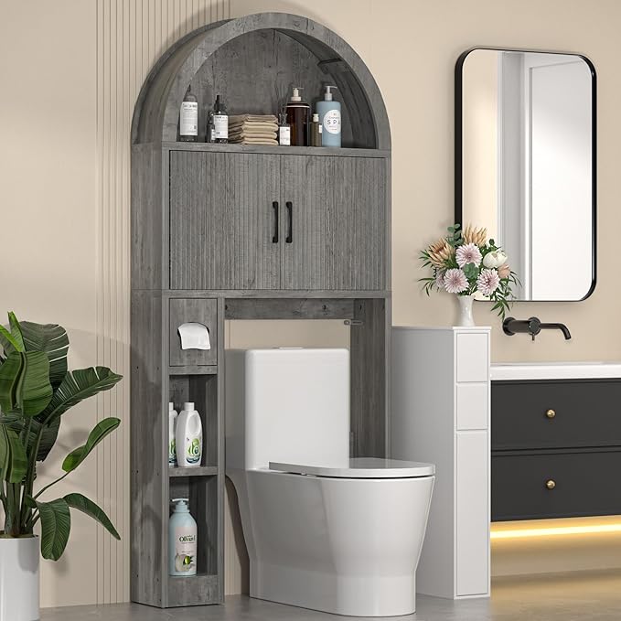 Over The Toilet Storage Cabinet, Bathroom Organizer Over Toilet, Arched Storage Organizer Cabinet with Anti-Tip Device and Adjustable Shelf for Washroom Laundry and Restroom, Grey