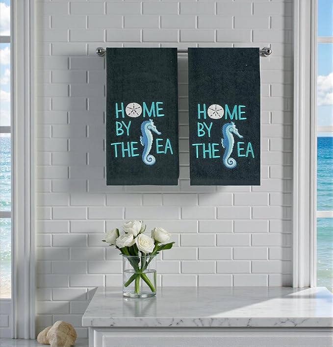 Home by The Sea Embroidered Seahorse Guest Hand Bath Towels, 2 Piece Set, 100% Cotton, Dark Gray