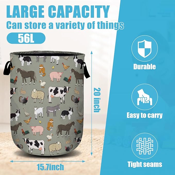Funny Farm Animal Laundry Basket, Laundry Hamper Collapsible Oxford Cloth with Handle Clothes Toy Storage Bin for Bathroom Laundry Room Bedroom 15.7 X 20 Inch