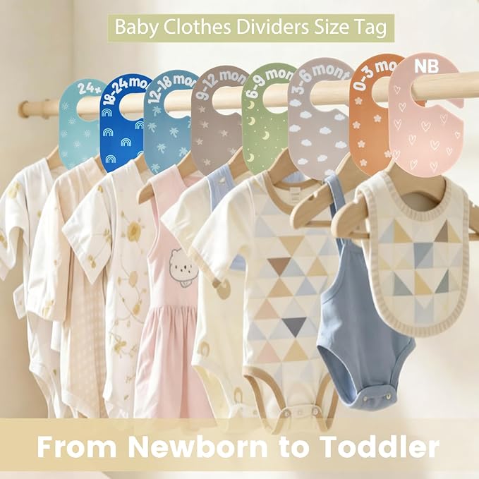 Baby Closet Dividers - Size Tag - 8-Piece Plastic Baby Clothes Organizer Hanger with Double-Sided Designs - Nursery Organization for Baby Clothing Newborn to 2T Girl & Boy (A Solid Multi-Color)