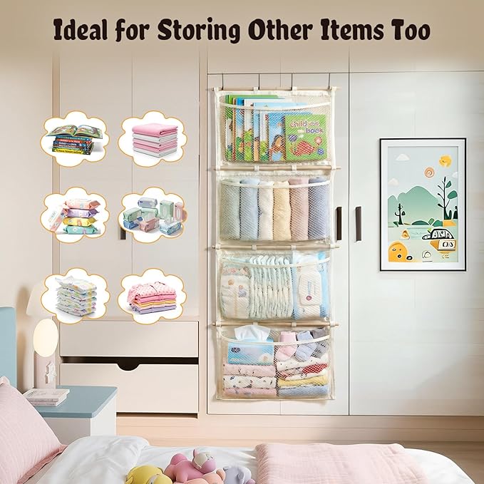 Over Door Large-Capacity Stuffed Animal Storage with Metal Hook & Wooden Stick, Hanging Plush Animal Bear Doll Toy Organizer Net Hammock Behind Door, Boho Nursery Dorm Bedroom Decor for Girl Boy Kid