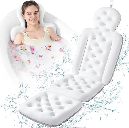 Luxury Bath Cushion, Full Body Bathtub Pillow with 160 Suction Cups, Bath Mat for Head and Neck Support, with Laundry Bag (White, 56" x 16")