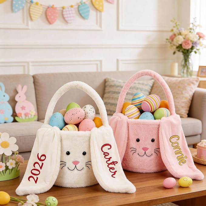 Personalized Easter Baskets for Kids Egg Basket Gingham Bunny Ear Bucket Candy with Handle Tote Bucket Reusable Goody Baskets for Kids Gifts Bags