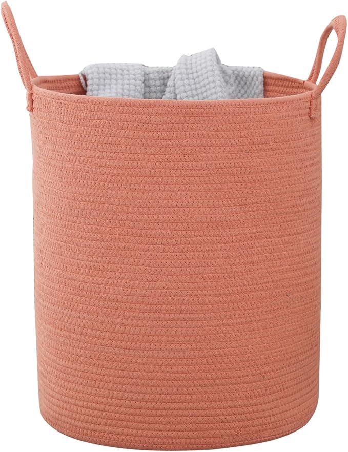 Woven Basket Nursery Laundry Hamper with Handles, Clothes Storage Organizer, Woven Basket for Boy Room Decor, Toy & Blanket Storage Bin, 15x15x18 Inch,Coral Pink,1pc