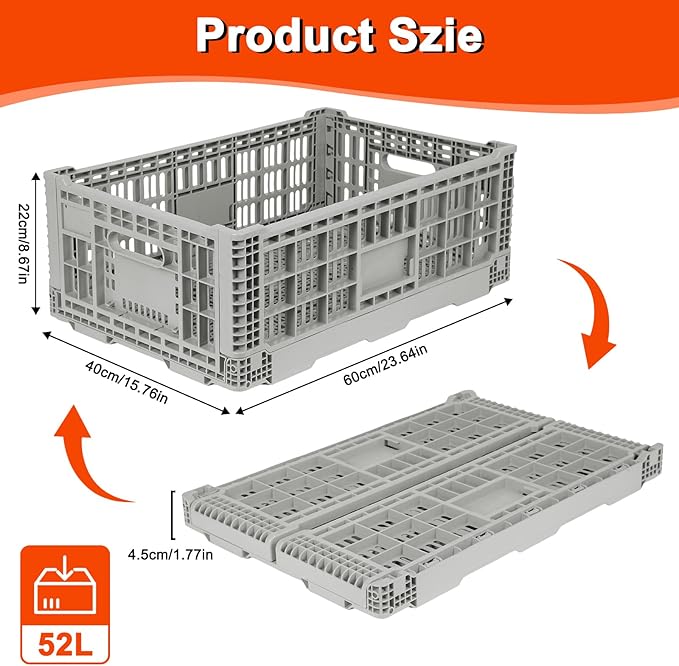 Collapsible Milk Crate, 1 pck 52L(13GAL) Stackable Storage Bins, Heavy Duty Storage Crates, Plastic Crates for Grocery, Warehouse Organization - Extra Large, Holds 130 lbs Per Bin