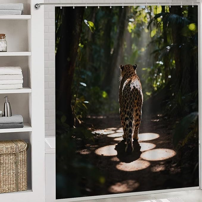 4 Piece Bathroom Rug Set with Shower Curtain, Non-Slip Bath Mat Toilet Cover Set, Cheetah Bathroom Rug Sets