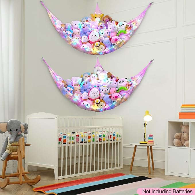 Unicorn Castle Stuffed Animals Net or Hammock Kids Toy Storage Organizer with LED Light Hanging Corner Stuffed Animals Holder Kids Girls Room Decor,Pink-Purple-Yellow,Large (Pack of 2)