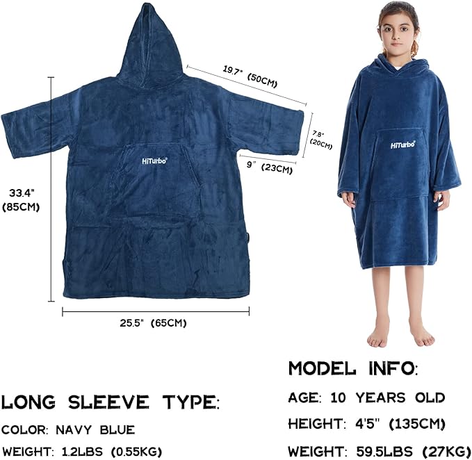 Hiturbo Kids Towel Changing Robe: Soft Plush Wearable Blanket - Warm Coral Fleece Hoodie - Swim Surf Poncho for 5-12 Years (Navy)