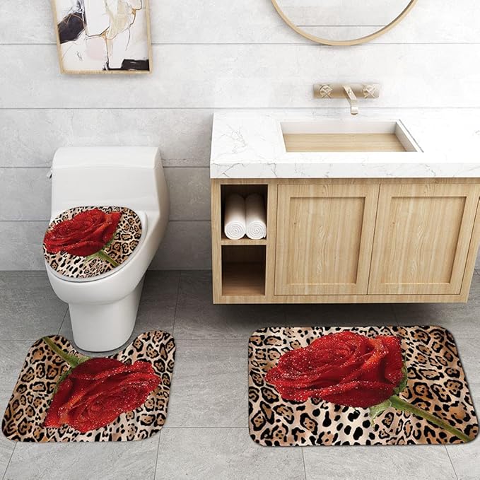 4PCS/Set Sexy Brown Leopard Shower curtain, Romantic Dewy Rose Panthera Cheetah Safari Wildlife African Wild Animal Skin Pattern Bathroom Decor, Non-slip Bath Rug Toilet Mat Carpet, Red Floral