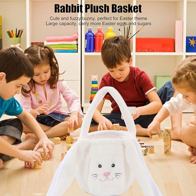 Plush Easter Bunny Basket, Children Easter Basket with Long Ears, Cute Cartoon Rabbit Plush Bag for Easter Egg Hunt, Soft and Durable Easter Bunny Gift for Kids (White)