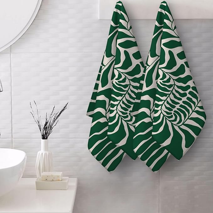 Green Leaves Decorative Hand Towels for Bathroom Set of 2 Soft Absorbent Vintage Botanical Bath Towels for Bathroom Spa Yoga Gym Sport Home Farmhouse Kitchen Decor 14"x28"