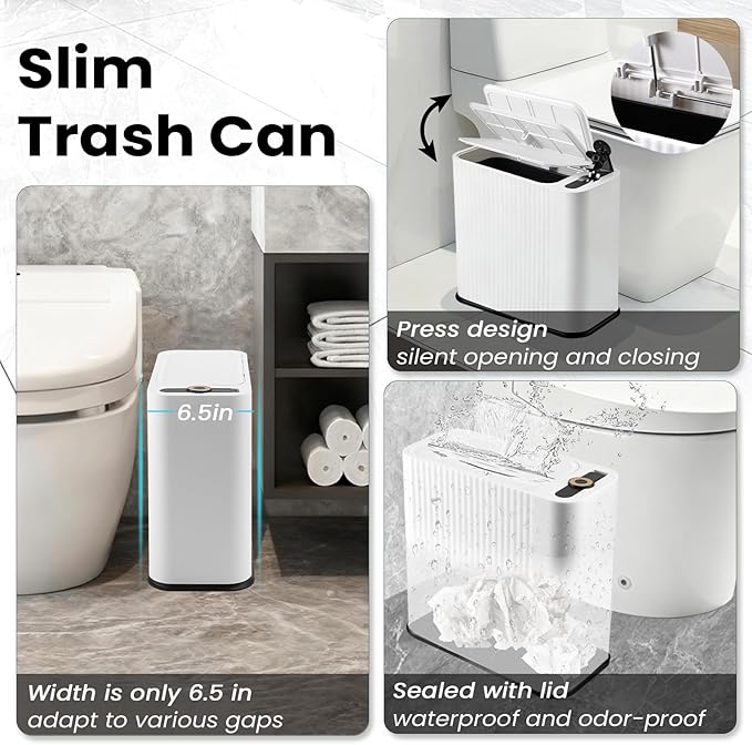 9-Piece White Bathroom Set with Press-Top Slim Trash Can - Minimalist Vertical Stripe Bathroom Accessories Sets with Toilet Brush, Soap Dispenser, Toothbrush Set, Soap Dish & Apothecary Jars