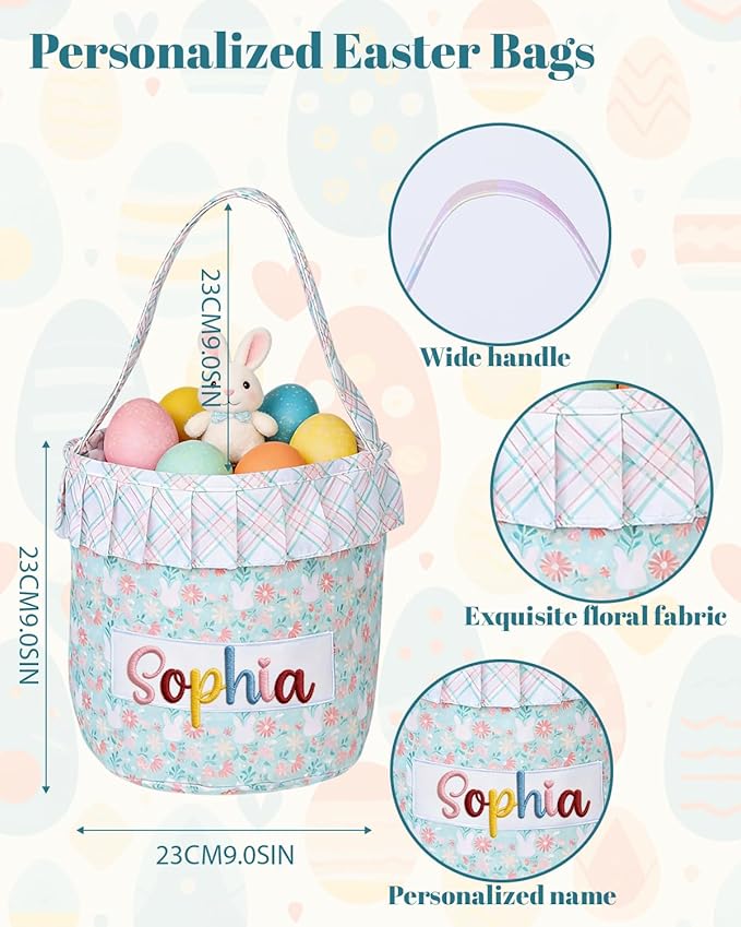 Personalized Easter Floral Bunny Basket for Kids, Custom Cute Rabbit Basket w/Embroidered Name, Customized Egg Hunt Storage Bags with Handles, First Easter Gifts for Newborn Baby Toddler Boy Girls