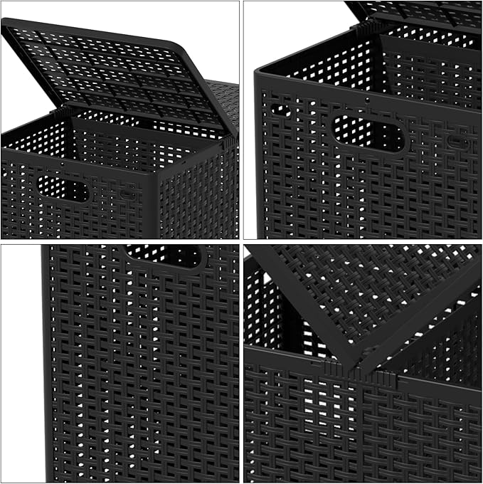 Asking 80L Collapsible 2 Section Divided Clothe Hamper, Plastic Folding Laundry Basket, Black, F