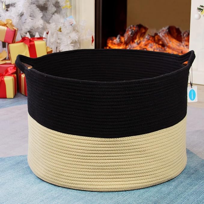 Casaphoria XXL Cotton Rope Woven Laundry Basket with Handle - Blanket, Comforter, Cushions Storage Bin - 21.7" x 21.7" x 13.8", Black and Brown