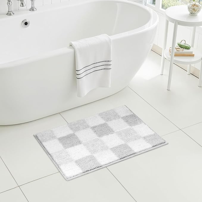 GRANNY SAYS Checkered Grey Bathroom Rugs, 24" x 16", Non-Slip Bath Mats for Bathroom, Plush Shag Absorbent Microfiber Ultra Soft Bath Mat, Cute Washable Rug for Tub, Shower, Bedroom
