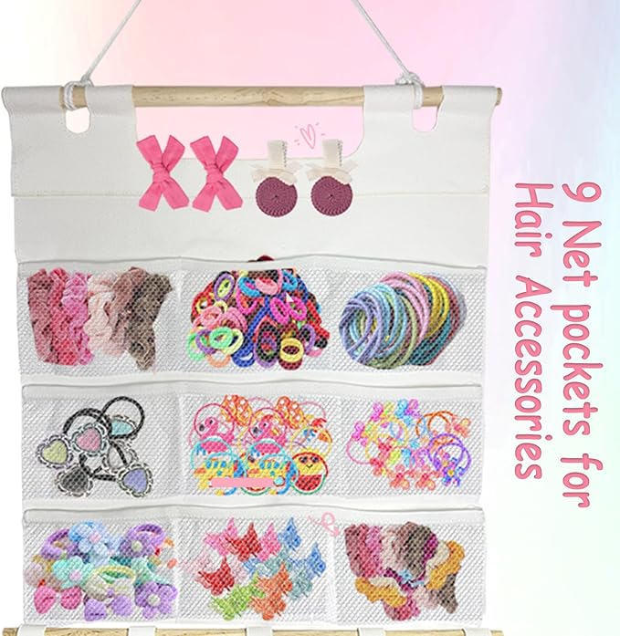 Headband Holder Organizer, Hair Accessories Storage with 9 Net Pockets, Wall Hanging Hair Clips Hair Band Organizer for Girls Room