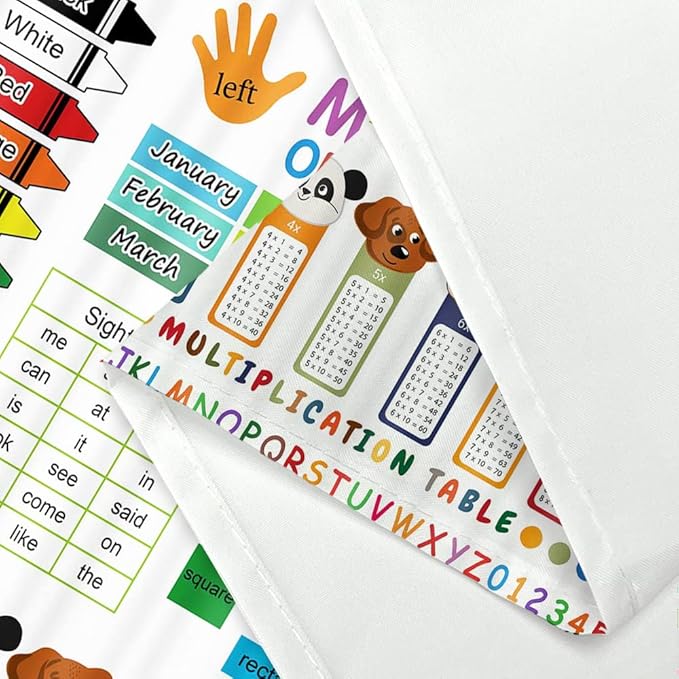 ABC Educational Shower Curtain for Kids, Learning Bathroom Decor Set with Grommets and Hooks, Multiplication Table Theme, Colorful