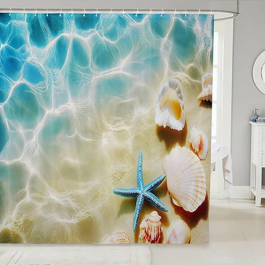 Hawaiian Beach Shower Curtain - Coastal Nature Theme with Sea Waves, Animals, Shells & Starfish - Teal Blue, 72" W x 72" L