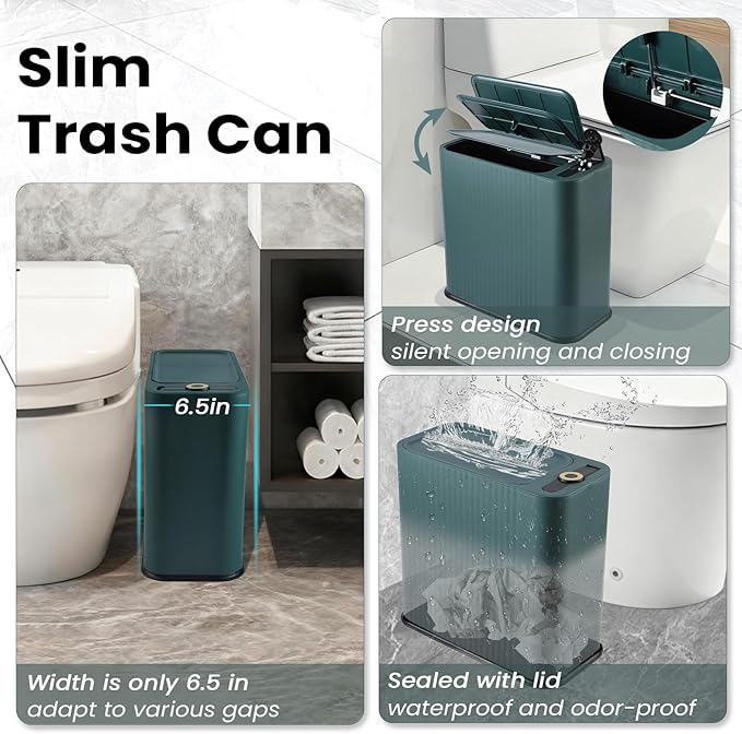 9-Piece Dark Green Bathroom Set with Narrow Trash Can Press Top Lid, Bathroom Accessories Sets with Toilet Brush, Soap Dispenser, Toothbrush Set, Soap Dish & Apothecary Jars for Small Spaces