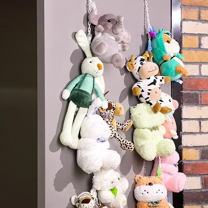 Hotop 2 Pcs Stuffed Animals Storage Chain Hanging Stuffed Animal Organizer with 40 Plastic Clips 79 Inch with Hooks for Wall Bedroom Hanging Hat Socks Holiday Card(Multicolored Clip)