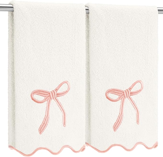 2 Pcs White Pink Scalloped Hand Towels for Bathroom 26 x 13 Embroidery Coquette Bow Hand Towels 100% Cotton Soft Absorbent Boho Bath Decor for Kitchen Bathroom