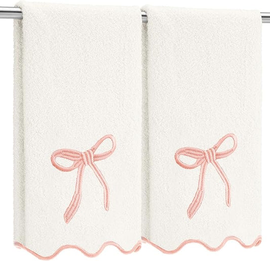 2 Pcs White Pink Scalloped Hand Towels for Bathroom 26 x 13 Embroidery Coquette Bow Hand Towels 100% Cotton Soft Absorbent Boho Bath Decor for Kitchen Bathroom