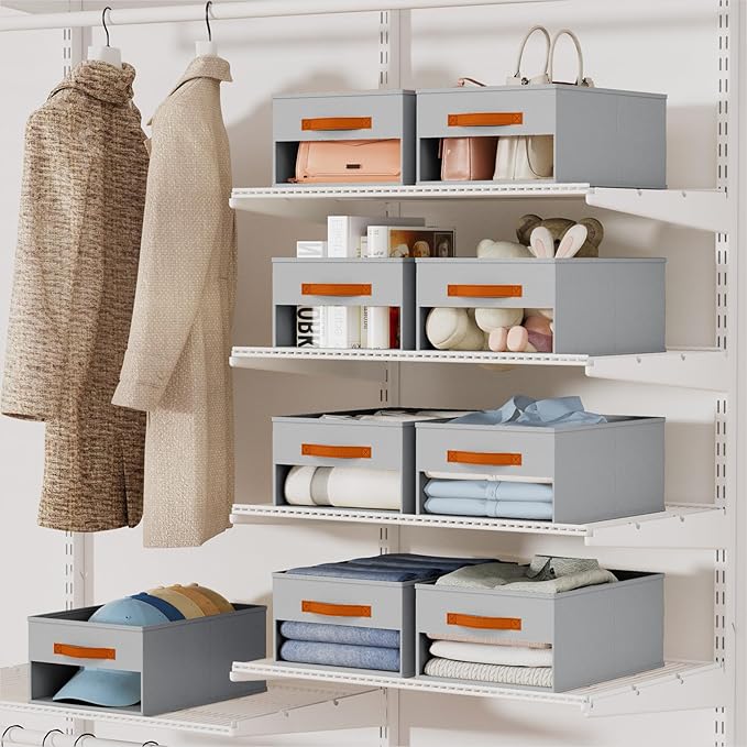 Closet Organizers and Storage - 8 Pack Storage Bins Baskets for Organization Foldable Closet Organizer with Clear Window & Handles for Clothes, Toys, Towels, Small Essentials (Grey)