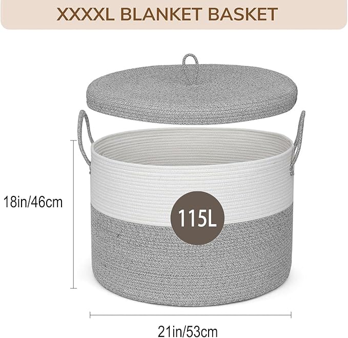 21" x 18" Extra Large storage baskets,Decorative blanket basket with lid for Living room,rope baskets with lid,wicker hamper for bedroom,Big,Round,White & Grey 115L