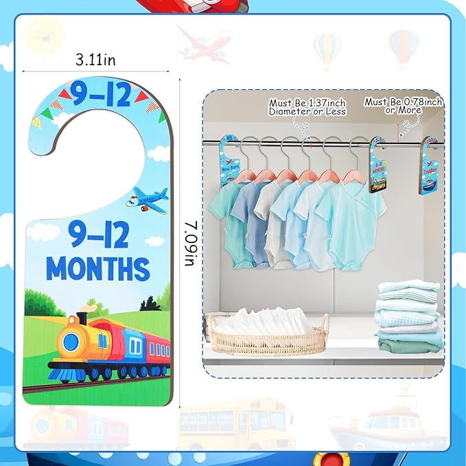 Baby Closet Dividers 8PCS, Transportation Themed Wooden Double-Sided Clothes Size Hanger/Organizer from Newborn to Toddler for Nursery Decor Baby Shower Birthday Gender Reveal Party Gift