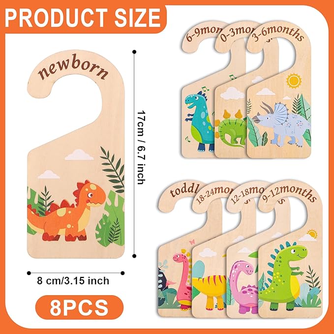 8pcs Baby Closet Dividers, Wooden Dinosaur Theme Baby Closet Size Dividers Baby Closet Organizer Baby Clothing Hanger Dividers from Newborn to Toddler for Baby Girls Boys