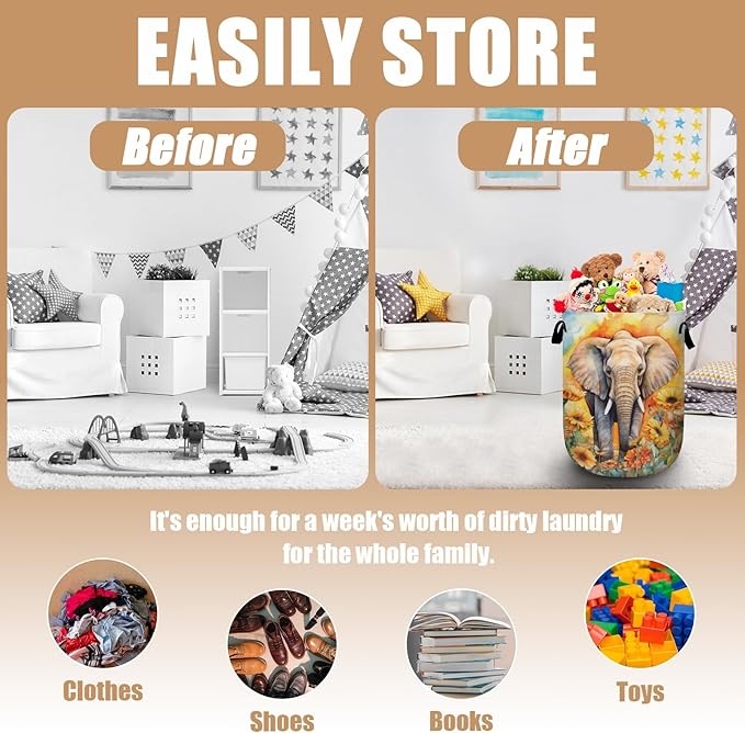 Watercolor Elephant Sunflower Laundry Basket, Foldable Wild Animals Laundry Hamper Tote Bag Dirty Clothes Storage Bucket Toy Organizer for Bathroom/Laundry/Bedroom 15.7"x19.6"